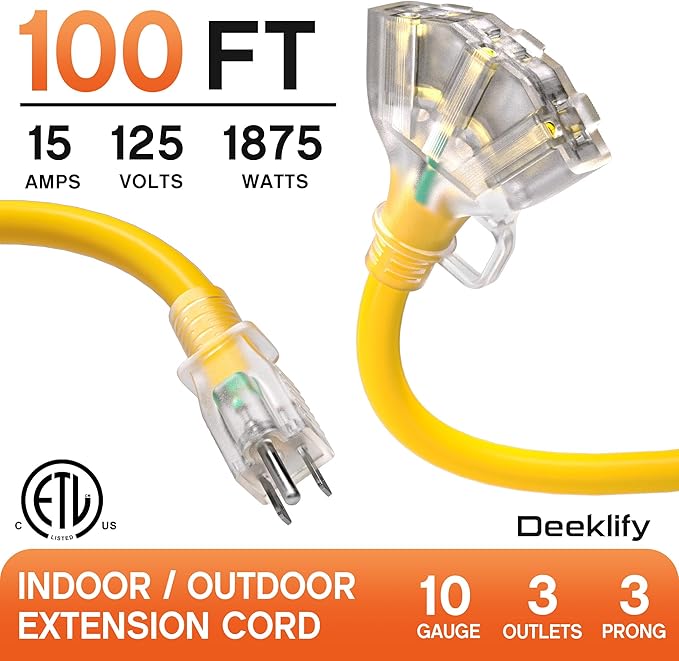 100 ft 10 Gauge Heavy Duty 3 Outlet Extension Cord Splitter with Indicator, Waterproof Outdoor Extension Cord with Multiple Outlets, 15A 1875W for Workshop, ETL Listed, Flexible Yellow SJTW