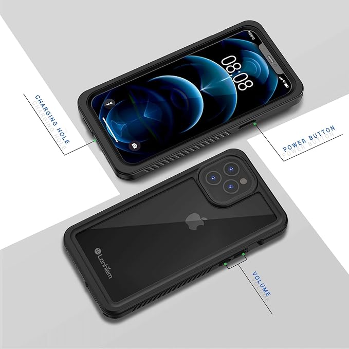 Lanhiem for iPhone 12 Case, Waterproof Dustproof Shockproof Case with Built-in Screen Protector [Not for iPhone 12 Pro], Full Body Underwater Protective Cover for iPhone 12 6.1 inch -Black