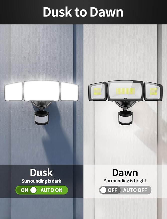 100W LED Security Lights, 11000LM Hardwired Flood Lights with Remote Control, Motion Sensor Outdoor Lights, 3 Adjustable Heads, IP66 Waterproof, Dusk to Dawn Outdoor Lighting for Yard Garage