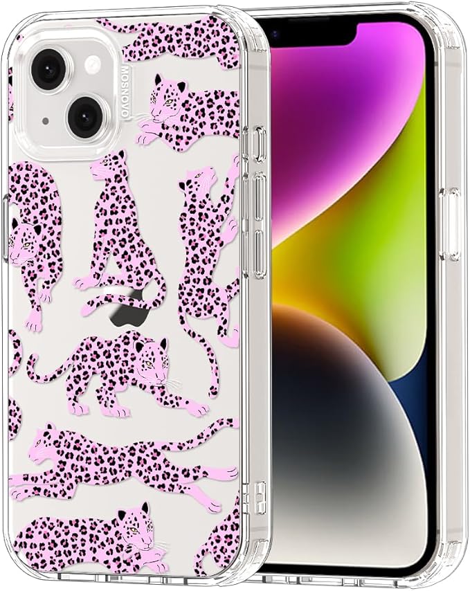 MOSNOVO for iPhone 13/14 Case | Military Grade 6.6ft Drop Tested | Clear with Pink Leopard Design