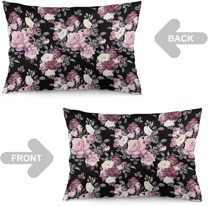 Vintage Floral Throw Pillow Covers Set of 2 Queen Size Pink Rose Peony Flower Blossom Black Pillow Cushion Cases Standard Pillow Cases Decorative Pillowcase 20X30 Inch for Sofa Bed