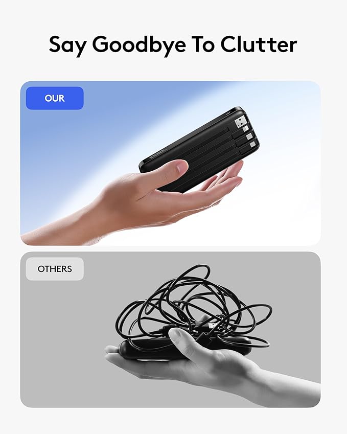 Orfeika Portable Phone Charger, 10000mAh Portable Charger Power Bank with Built-in Cables, Travel Essential Battery Pack Compatible with iPhone, Samsung, Google, iPads, Tablets, etc