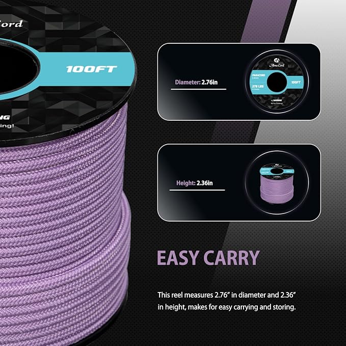 Abma Cord 2.4mm Paracord 275 100ft Nylon Rope 4 Strands Tactical Parachute Cord - Max. 275lbs - Lilac