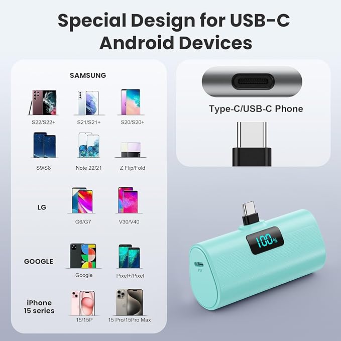 [2-Pack]Small Portable Charger 5200mAh, Upgraded PD USB C Power Bank Built-in USB-C Connector, LCD Display Battery Pack Compatible with iPhone 15/15 Plus/15 Pro/15 Pro Max/Samsung Android(Blue+Green)