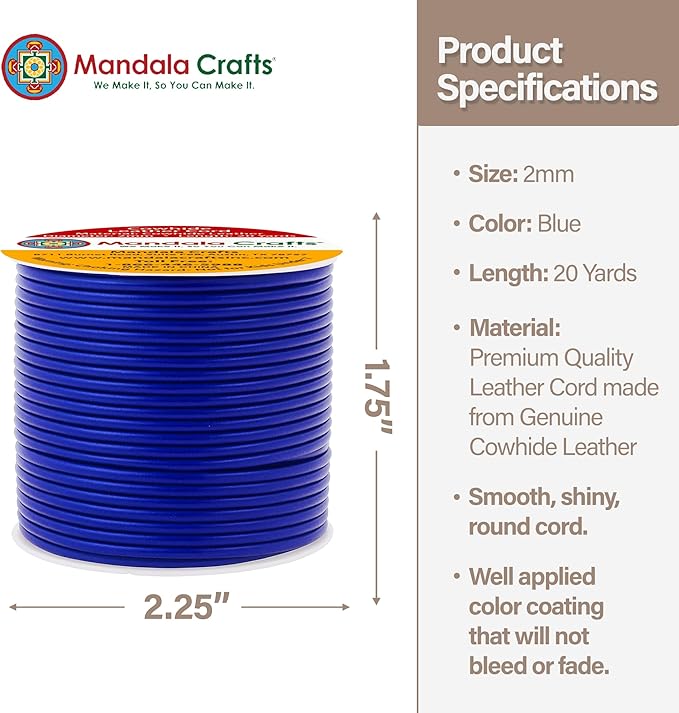 Mandala Crafts Round Genuine Blue Leather Cord for Jewelry Making – 2mm Cowhide Leather Rope String Lace for Kumihimo – 20 Yards Cowhide Craft Cording Spool