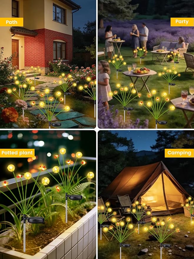Solar Garden Lights Outdoor (10 Pack 80 LED), Solar Swaying Dandelion Bee Lights Waterproof, Cute Flower Pathway Lights for Yard Lawn Patio Decorations, 2 modes (Steady on, Slow Twinkle), Warm White