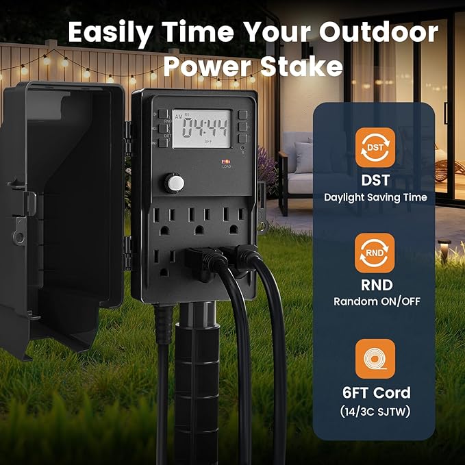 SURAIELEC Outdoor Power Stake, 7-Day Programmable Digital Timer, Power Strip Weatherproof, 6 Multi Plug Electrical Outlet Waterproof, 6 ft Extension Cord for Outside Light, Halloween Decoration