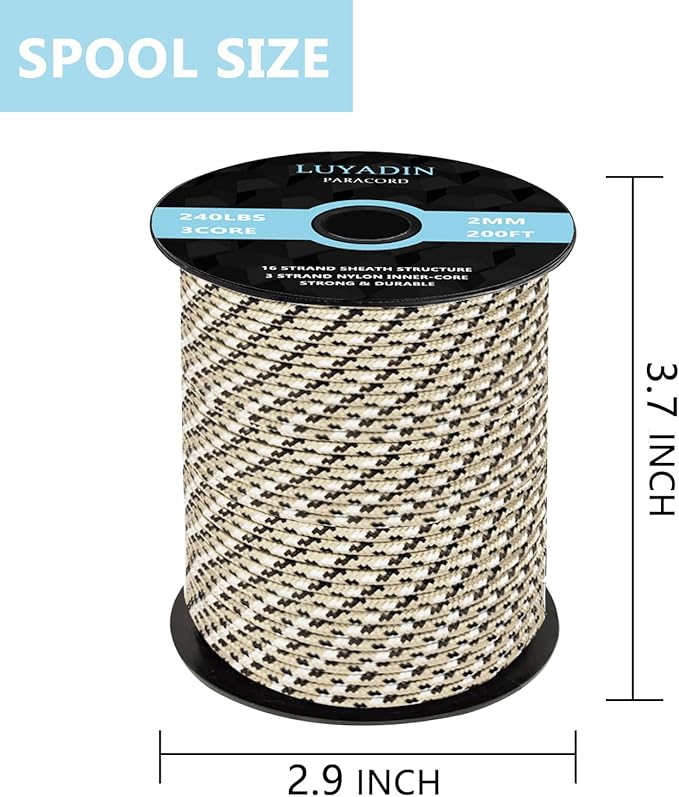 Paracord 240lb - Diameter 2mm Micro Utility Cord -3 Strand Parachute Spool Cord - 100ft 200ft,Paracord for Camping,Hiking,Fishing,Outdoor and DIY