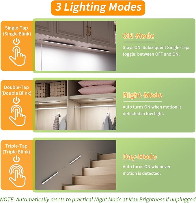 14" Slim USB Plug-in LED Motion Sensor Light Indoor, Bright & Dimmable Under Cabinet Light - 3 Modes (ON/Night/Day) for Kitchen, Cabinet, Closet - 3000K Warm White, 2 Pack (Standalone)