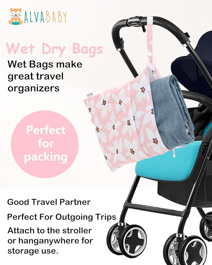 ALVABABY 2pcs Waterproof Wet Dry Bags,Reusable with Two Zippered Pockets,Baby Cloth Diaper,Travel,Beach,Pool,Daycare,Soiled Baby Items,Yoga Gym Bag,Swimsuits or Wet Clothes 2LW01
