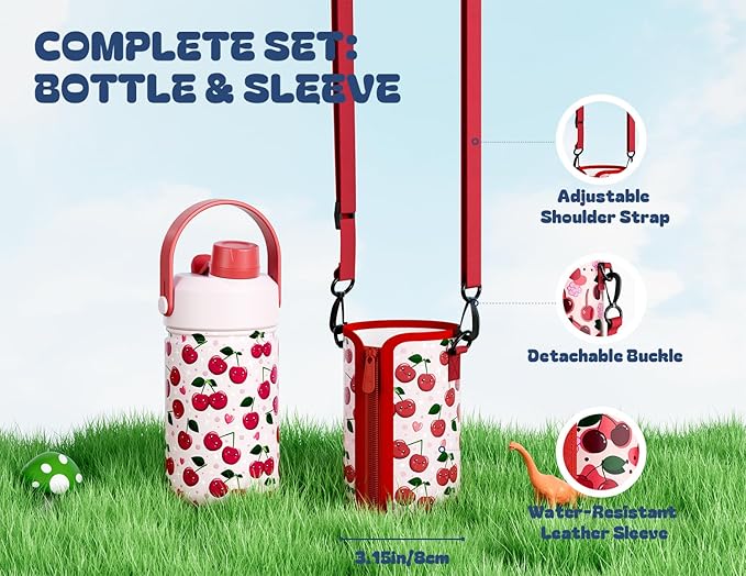 12 oz Kids Water Bottle for Girls: Leakproof, Durable Straw Spout Lid, 24H Cold, with Leather Sleeve, Easy Carry, Insulated Stainless Steel Cup for School, Travel, Camping, Daily (Giggly Cherry)