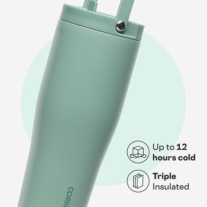Corkcicle Go Cup XL - Leak-Proof Travel Tumbler - Triple Insulated Stainless Steel Water Bottle - Easy-Carry Handle - Summer Drinkware Gift - Keeps Drinks Ice Cold - 30 oz - Thyme
