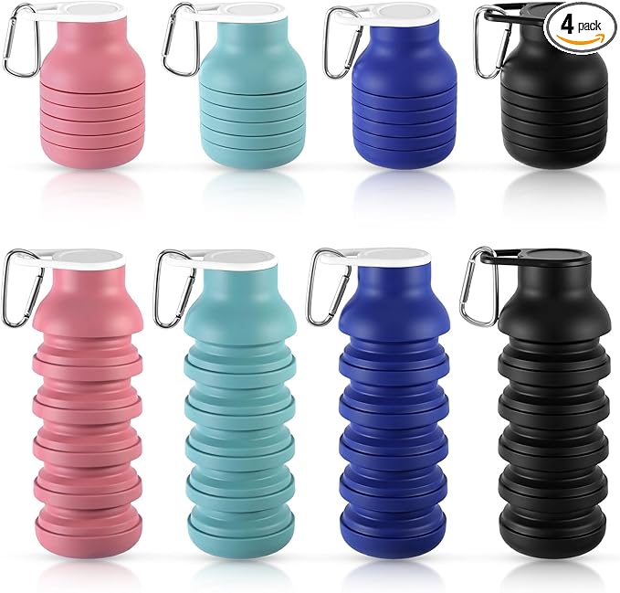 LemonRoad 4 Pcs 20 oz Portable Collapsible Water Bottles Reusable Silicone Foldable Water Bottle Lightweight Leakproof Expandable for Gym Traveling Camping Hiking Sports (Multicolor)