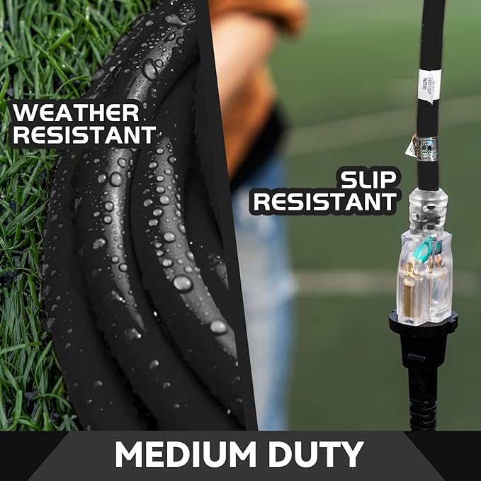 Indoor Outdoor Extension Cord Weatherproof with Lighted End, UL Certified, 16 Gauge 6FT Black 3 Prong Heavy Duty, 16/3 SJTW 13A Power Cord for Outdoor Lights, Lawn