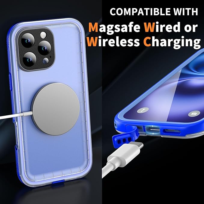 Cozycase for iPhone 16 Pro Max Case Waterproof - 360 Heavy Duty with Screen/Camera Protector Shockproof IP68 Underwater Dustproof Water Shock Proof Full Body/Front and Back Case Blue/Frosted Clear