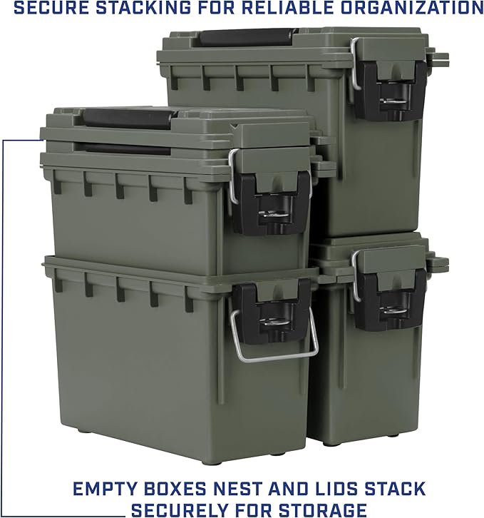 Sheffield 12791 2-Pack Ammo Storage Box, Stackable .30 Cal Field Boxes, Water and Dust Resistant, Lockable Storage Box with Handle, Secures Hunting Gear, Supplies, and Bullets, Made in USA, Green