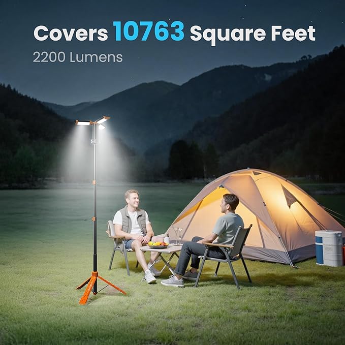 CAVN Rechargeable Camping Lights with Remote & Detachable Tripod Max Height 6.0 ft, Portable Work Light with 3 LED Lamp Heads, Camping Essentials Gear Emergency Flashlight with Hook, Orange