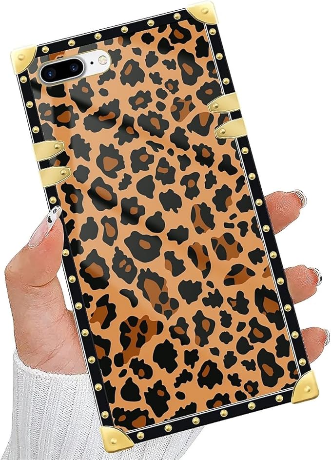 Compatible with iPhone 8 Plus 7 Plus Case, Brown Leopard Texture Luxury Golden Decoration for Girl Women Soft TPU Shockproof Protective Hard PC Back for iPhone 8 Plus 7 Plus