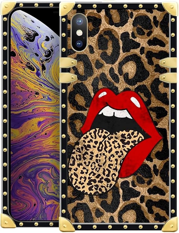 Compatible with iPhone Xs Max Case, Brown Leopard Print Mouth Luxury Golden Decoration for Girl Women Soft TPU Shockproof Protective Hard PC Back for iPhone Xs Max