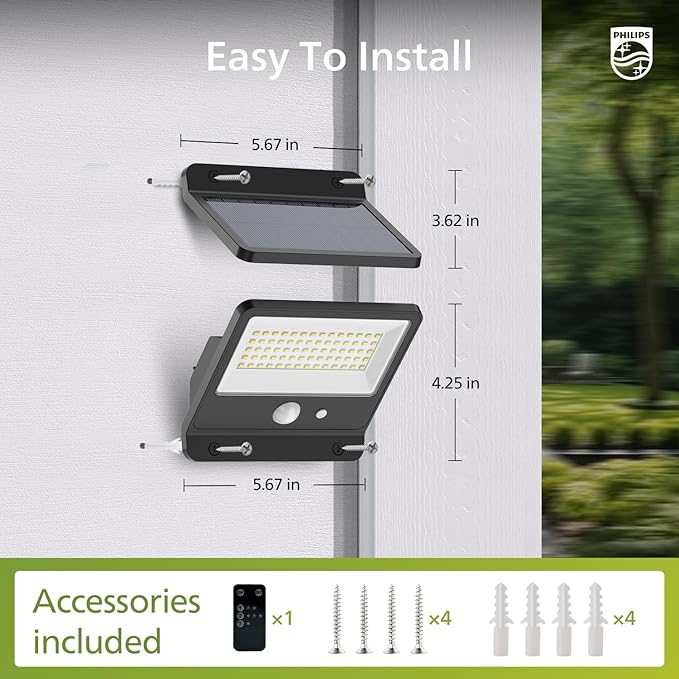 Philips Solar Security Light Outdoor LED 6500K, Solar-Powered Flood Light w/PIR Motion Sensor, Remote Control w/16ft Cable, IP65 Waterproof, 3 Modes (2)