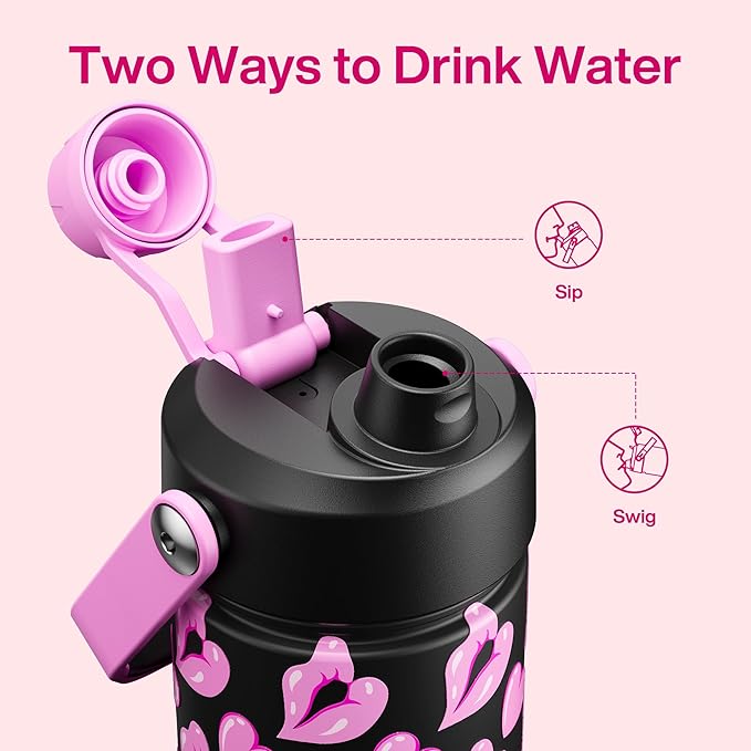 ENCOOL Valentine's Day Insulated Water Bottle with Straw Stainless Steel Water Bottle, Leak-Proof, BPA-Free, Keeps Cold for 24 Hours for Sports, Travel, School (26 oz, Kiss Love Violet x Black)