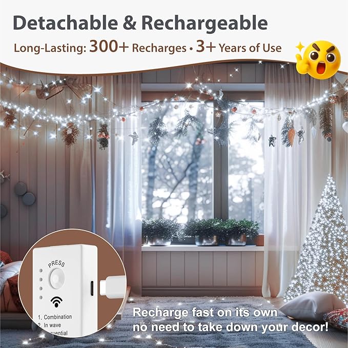 HXWEIYE Rechargeable Fairy Lights with Remote & DIY Timer, 33ft 100LED Battery Operated Twinkle String Lights, 8 Modes Decor Light for Bedroom Indoor Wedding Dorm Christmas Tree Party (White)