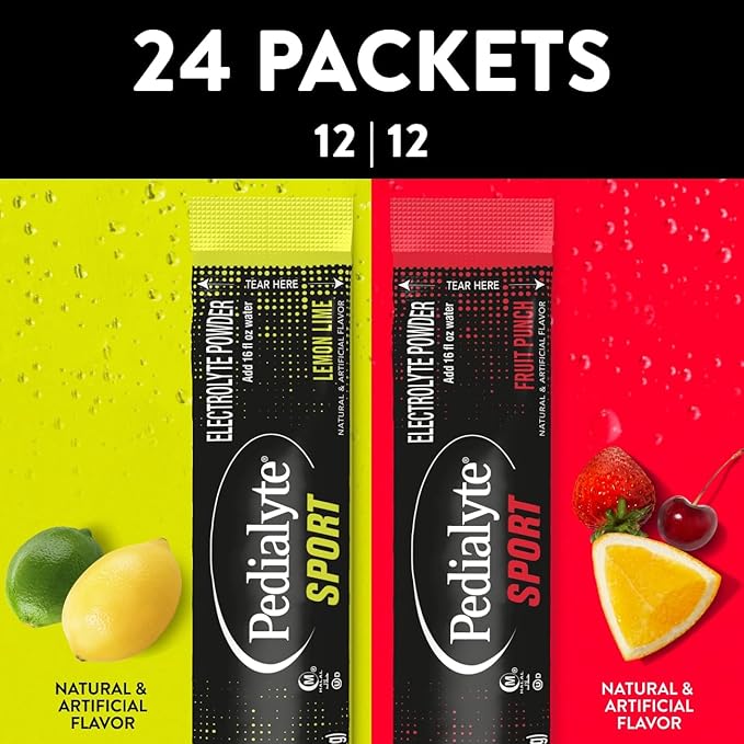 Pedialyte Sport Electrolyte Powder, Fast Hydration with 5 Key Electrolytes for Muscle Support Before, During, & After Exercise, 12 Lemon Lime & 12 Fruit Punch, 0.49-oz Packets (24 Count)