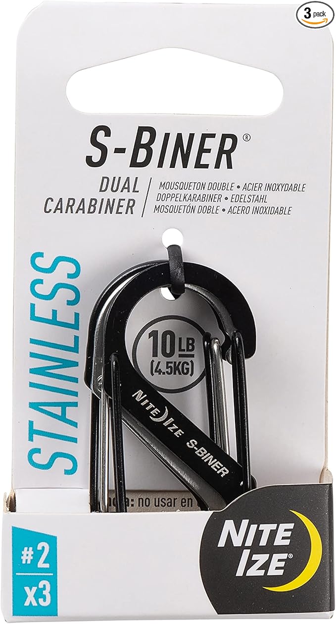 Nite IZE S-Biner Stainless Steel Dual Carabiner #2, Dual Gated Carabiner for Keys and Gear, 3 Pack, Black/Stainless