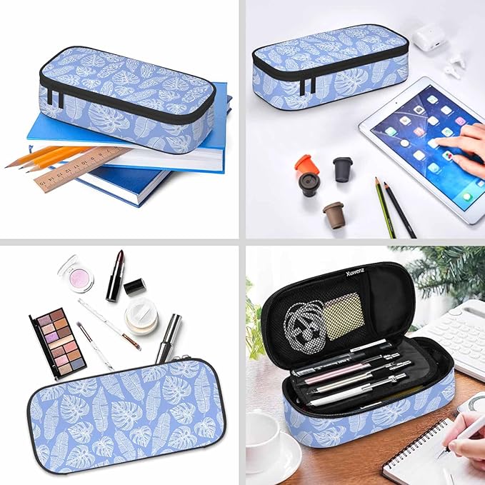 Blue Leaves Pencil Case Tropical Palm Summer Nature Tree Exotic Pencil Bag Pen Markers Pouch Holder Organizer for Boy Girl School Students