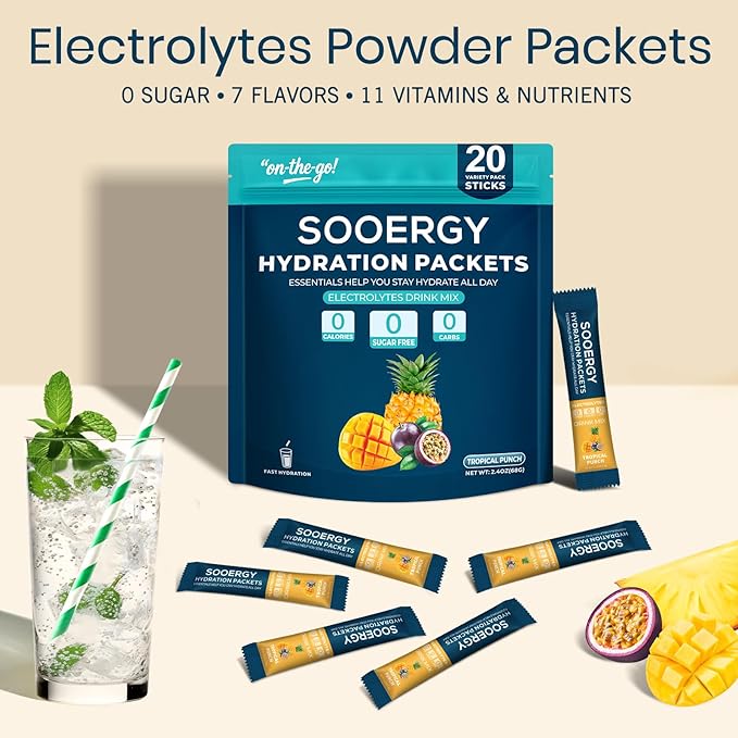 Electrolytes Powder Packets Sugar Free Hydration Packets, Liquid Daily IV Electrolyte Drink Mix for Rehydration with Electrolytes, Vitamins, 0 Calorie, Tropical Punch Flavor 20 Sticks