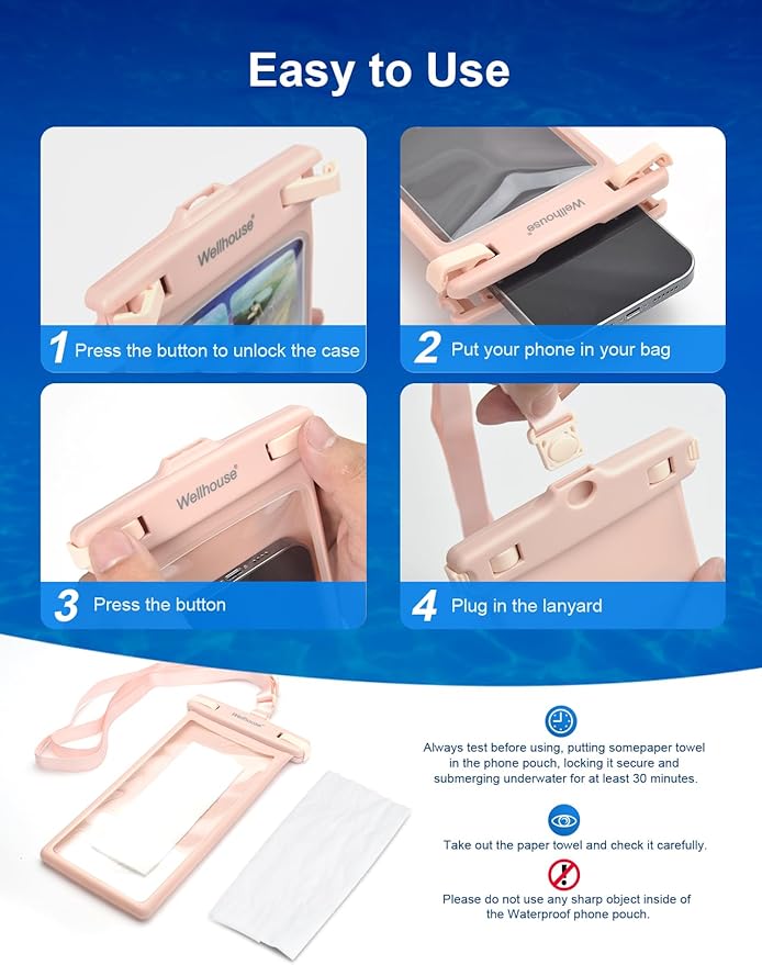 wellhouse Waterproof Phone Pouch, Waterproof Phone Case for iPhone 17 16 15 14 13 Pro Max XS Samsung, IPX8 3D Cellphone Dry Bag Beach Essentials (2 Pack - Blue & Pink8.0, 8 inch)