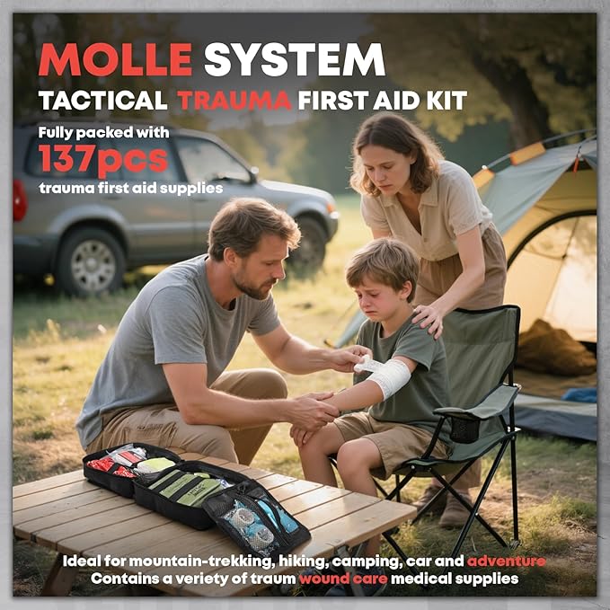Trauma First Aid Kit - IFAK Trauma Kit with Trauma Bandage, Splint, Tourniquet, Wound Care, Bleeding Control - Tactical Molle Pouch for Military, Combat, Camping, Home, Hiking,Travel- Black