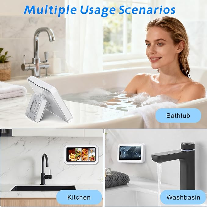 Shower Phone Holder Waterproof,480° Rotatable, Multi-Angle Adjustable Wall Mounted Phone Holder for Bathroom Bathtub Kitchen Mirror, Compatible with All 4-7" Smartphones