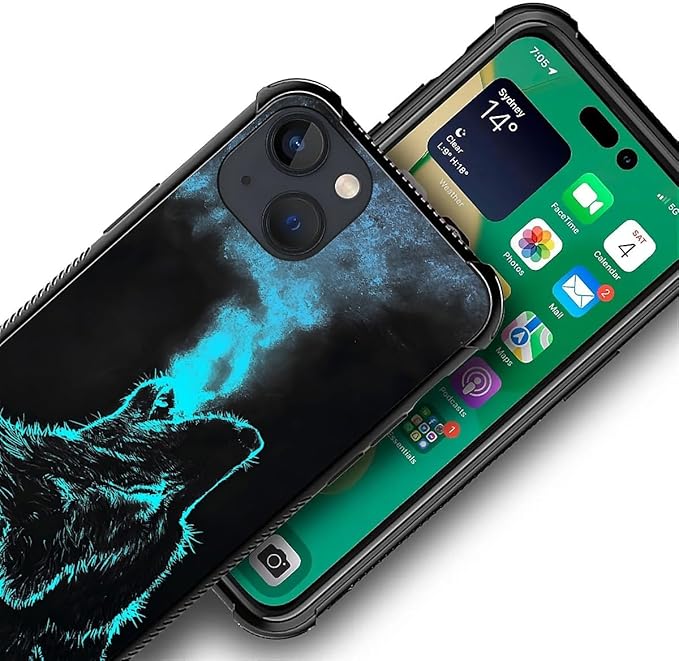 for iPhone 14 Case, Blue Breathing Wolf Pattern Graphic Design Girl Boy Soft Silicone Hard Acrylic Shock Protection for iPhone 14