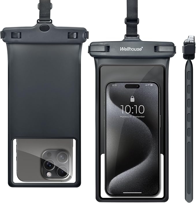 wellhouse Waterproof Phone Pouch, Waterproof Phone Case for iPhone 17 16 15 14 13 Pro Max XS Samsung, IPX8 3D Cellphone Dry Bag Beach Essentials (1 Pack - Black8.0, 8 inch)