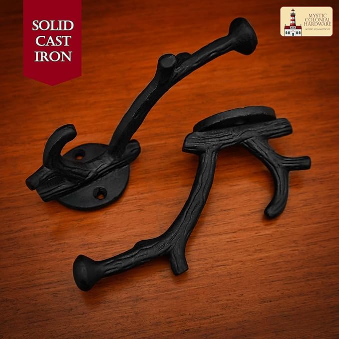 Mystic Colonial Rustic Cast Iron Wall Hooks, Heavy Duty Retro Utility Hooks for Hanging Coat, Bag, Towel, Robe, Hat and More, Pack of 10, Black