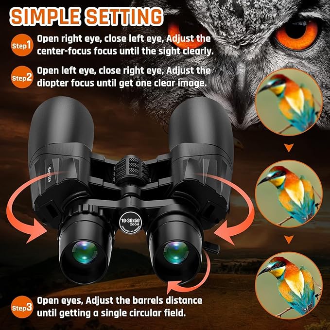 10-30x50 Zoom Binoculars for Adults, High Powered Military Binoculars for Bird Watching Traveling Hunting Concerts with Large View,BAK4,FMC Lens,Clear Low Light Vision at Night