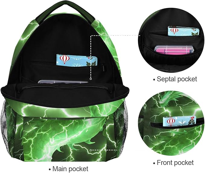 Wamika Dragon Backpack for Boys Girls Cool Green Fire Dinosaur Kids Backpacks Ages 6-14 Dino Animal Children Primary Elementary Middle School Bookbag Daypack Teens Bag 12.6 x 5.1 x 16.5 Inch