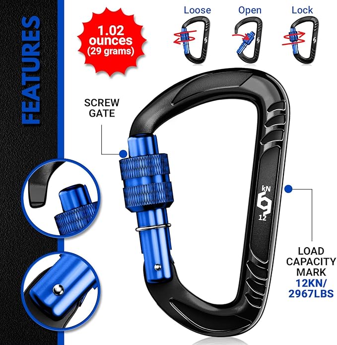 Rhino Produxs 12kN (2697 lbs) Heavy Duty Carabiner Clips, for Securing Pets, Outdoor, Camping, Hiking, Hammock, Dog Leash Harness, Keychains