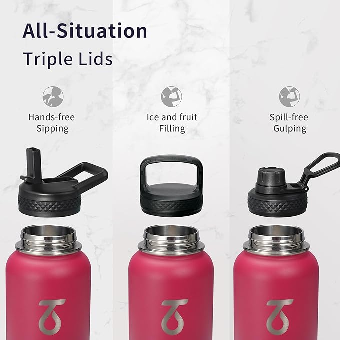 Trebo 32oz Water Bottle Insulated with Paracord Handle and Straw,Vacuum Triple Wall Stainless Steel Water Jug Keep Cold 48 Hours, Water Flask with 3 Lids for Men Women Sports,Travel,Ruby Red