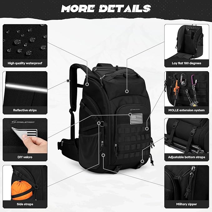 Maelstrom Tactical Backpack for Men, Water Resistant 40L Military Backpack, for Hiking, Camping, Gym with Molle System (Black)