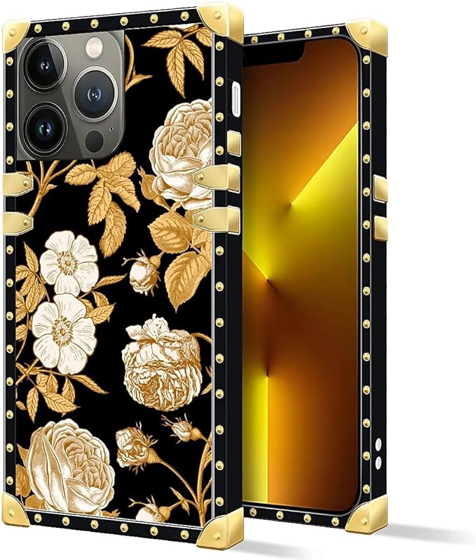 Compatible with iPhone 13 Pro Max Case, Blooming Rose Golden Flower Luxury Golden Decoration for Girl Women Soft TPU Shockproof Protective Hard PC Back for iPhone 13 Pro Max