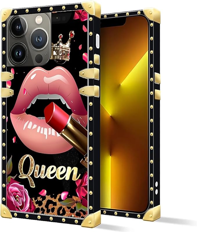 Compatible with iPhone 13 Pro Case, Glitter Red Rose Queen Leopard Lipstick Luxury Golden Decoration for Girl Women Soft TPU Shockproof Protective Hard PC Back for iPhone 13 Pro