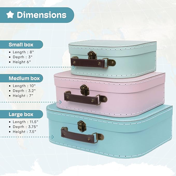 Jewelkeeper Paperboard Suitcases - Set of 3 Decorative Vintage Storage Boxes - Retro Luggage Decor for Birthdays, Weddings, Nursery, or Home Display - Pastel Cardboard Storage Box Set