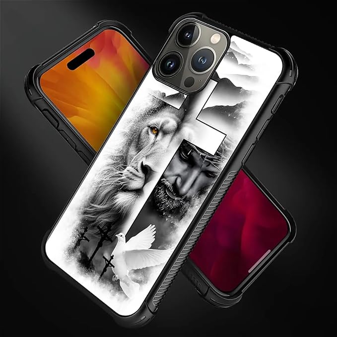 for iPhone 15 Pro Case, Lion Cross Jesus Christ Dove Pattern Graphic Design Girl Boy Soft Silicone Hard Acrylic Shock Protection for iPhone 15 Pro