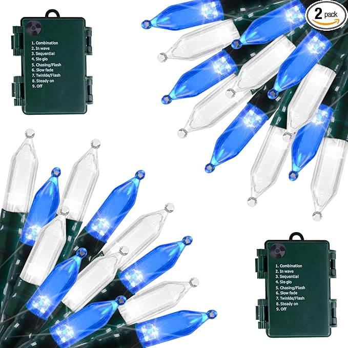 Brightown Battery Operated Christmas Lights 2 Pack 18 Feet 50 LED Clear Mini String Lights with 8 Modes Waterproof Tree Lights for Xmas Outdoor Indoor Holiday Party Garden Decor, Blue & White