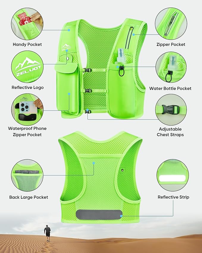 Zelvot Running Vest for Women Men, USA Original Patent, Adjustable Chest Straps Running Hydration Vest with 500ml Soft Flask, Lightweight Reflective Hydration Backpack for Marathon