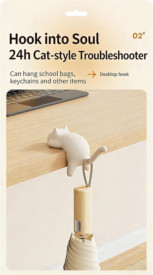 Cat Desk Hook for Kids - Damage-Free No Drill Desk Side Hook, 5KG Load Capacity ABS Backpack Hanger, Adhesive Included Multi-Purpose Organizer for Student School Desk/Home Office