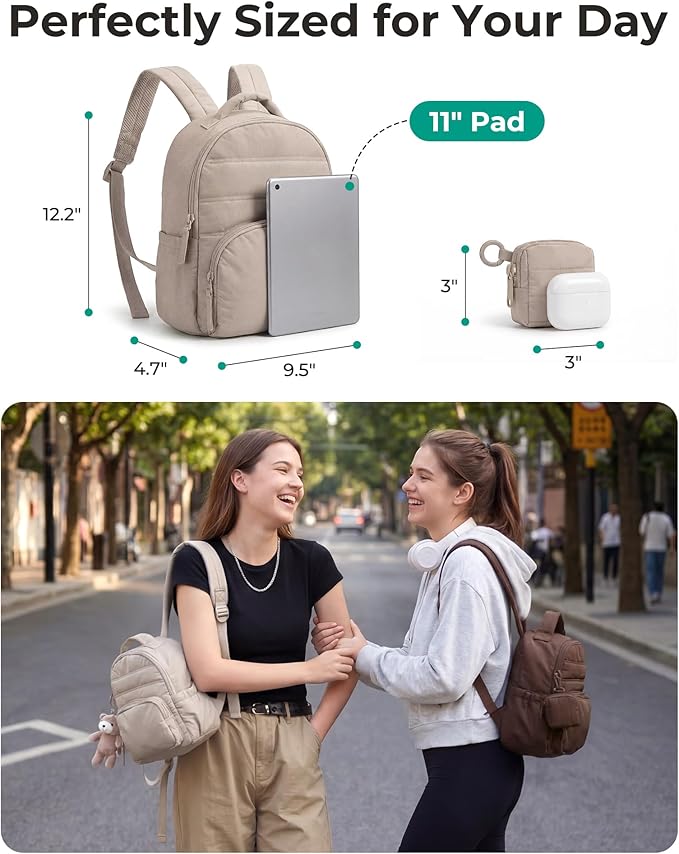 BAGSMART Small Backpacks for Women, Lightweight Puffer Mini Backpack Purse with Pouch, Quilted Casual Daypack, Water-Resistant Bookbag for Daily Travel College, 2-in-1 Set, Latte Brown