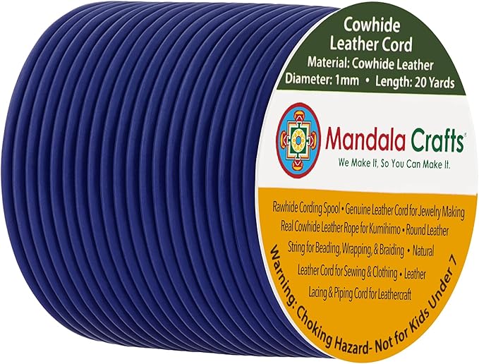 Mandala Crafts Round Genuine Navy Blue Leather Cord for Jewelry Making – 1mm Cowhide Leather Rope String Lace for Kumihimo – 20 Yards Cowhide Craft Cording Spool